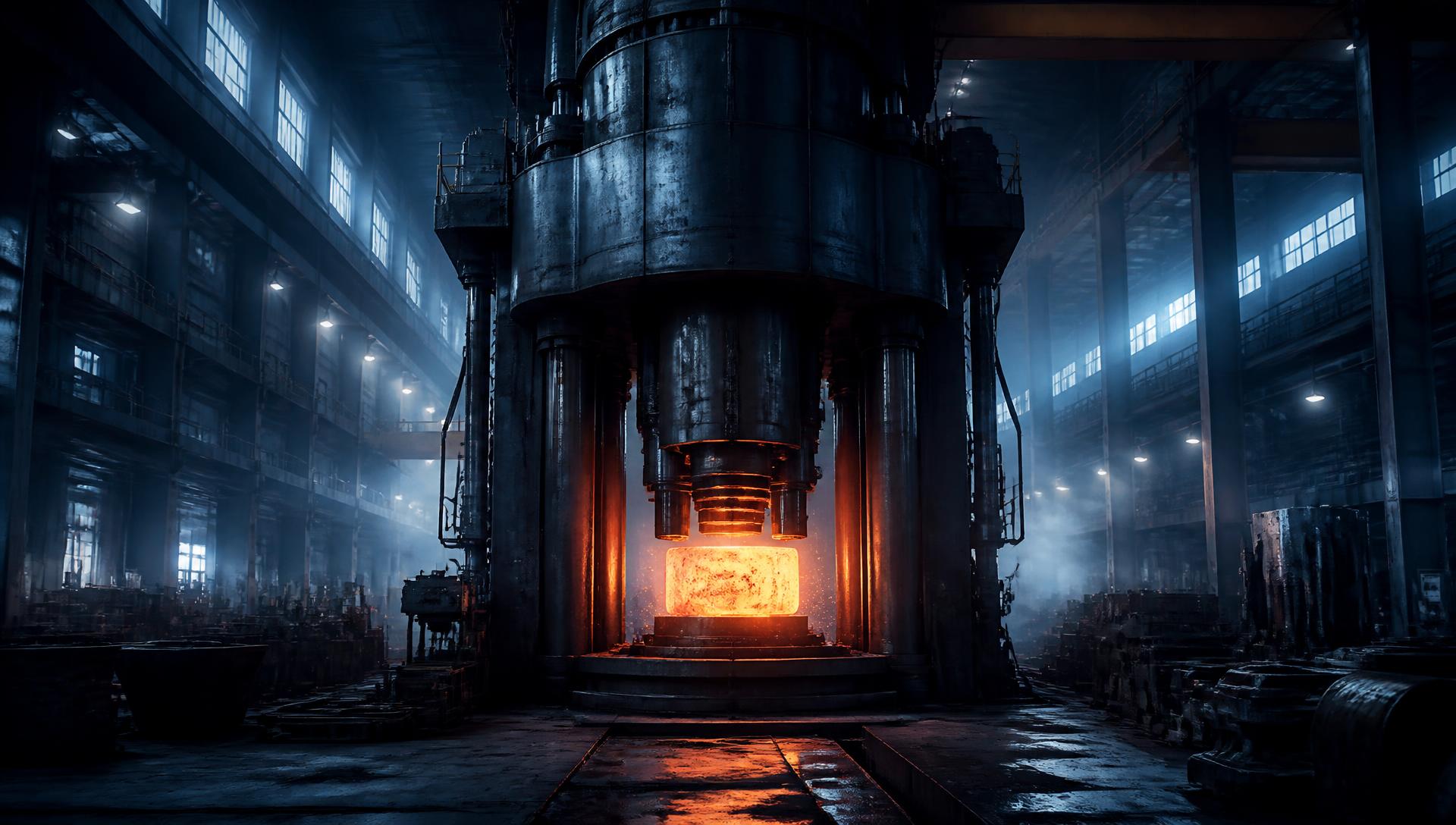 Large hydraulic forging press pressing a glowing steel ingot in a factory hall