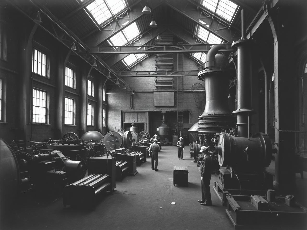 Historic engineering hall with early heavy machinery and workers